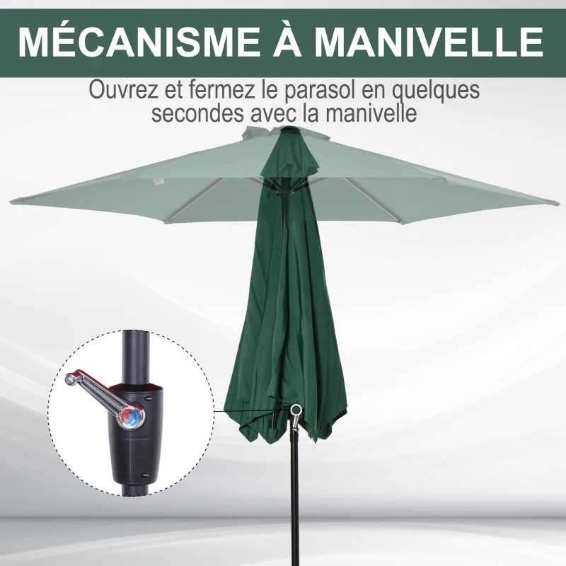 Outsunny Parasol droit parasol inclinable de jardin balcon terrasse manivelle toile polyester imperméabilisée haute densité 180 g/m² Ø2,6 x 2,35H m aluminium vert foncé