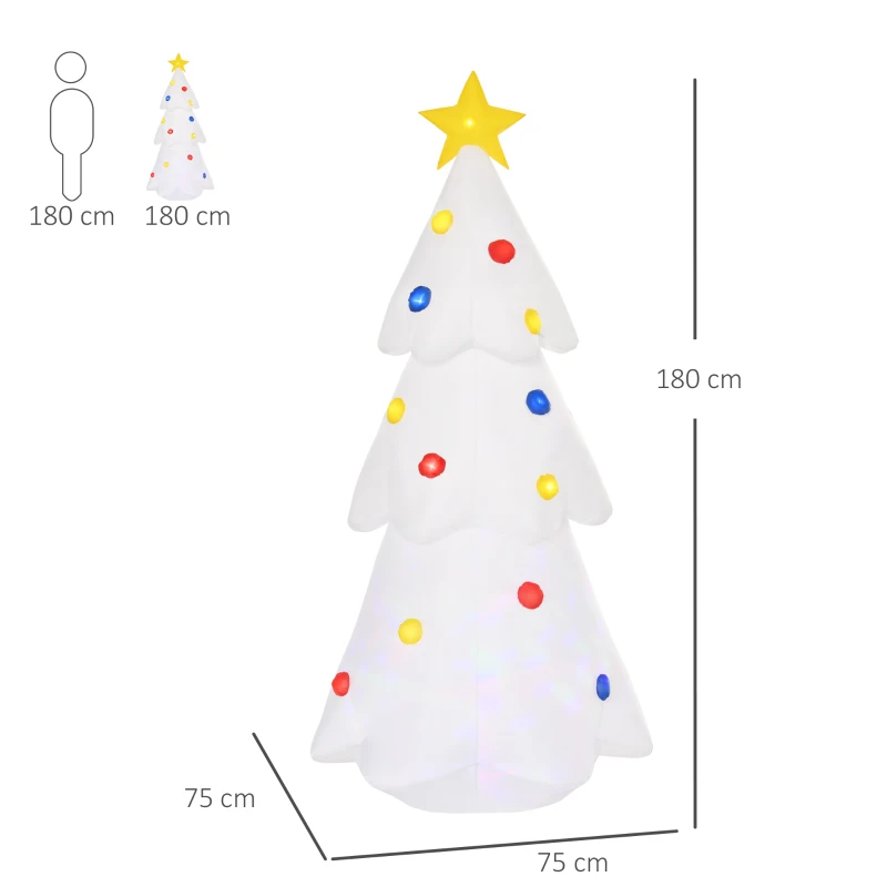 HOMCOM 6FT Inflatable Christmas Tree w/ Star and Multicolour Decorations LED Lighted Indoor Outdoor Home Decor for Garden Lawn Party Prop White