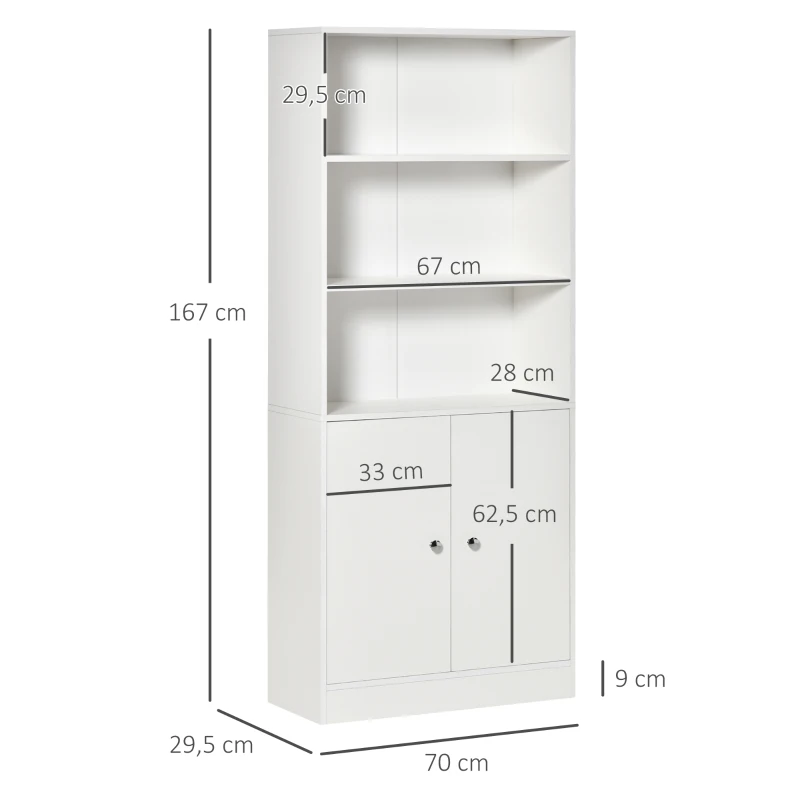 HOMCOM Estantería Librería con 3 Compartimentos Abiertos y 1 Armario con Estante Ajustable Almacenaje para Salón Estudio 70x29,5x167 cm Blanco(m-3)