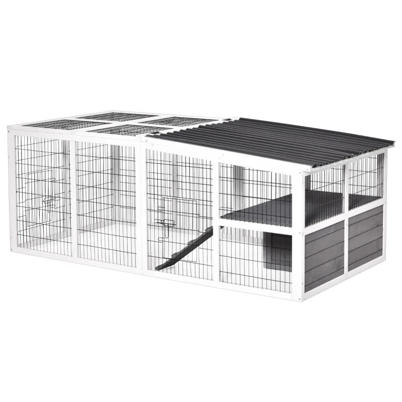 PawHut Rabbit Run Outdoor Rabbit Hutch Wooden Guinea Pig Cage with Openable Roof, Ramp, for 2-4 Rabbits, 200L x 100W x 75H cm - Grey