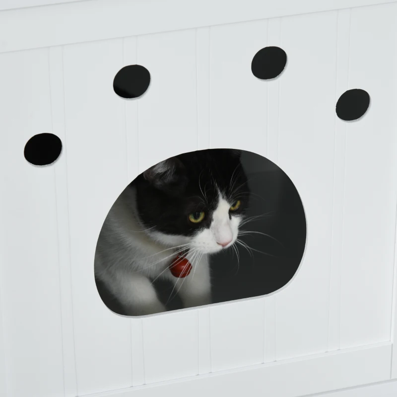 PawHut Casa para Gatos de Madera Mueble Arenero Gatos con Puerta y Entrada en Forma de Garra Cueva de Gatos para Descanso 48x51x51 cm Blanco