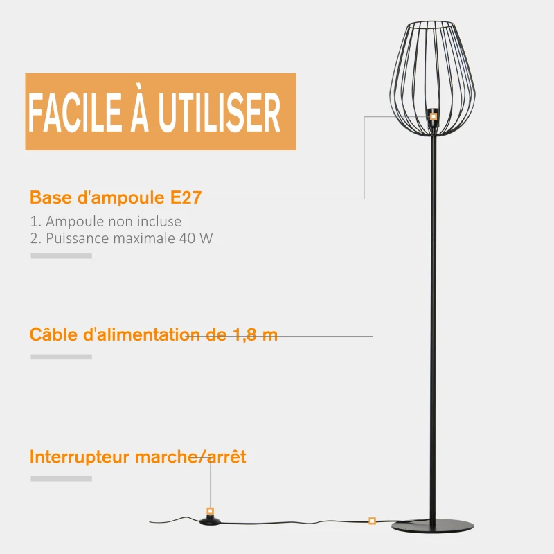 HOMCOM Lampadaire abat-jour avec interrupteur au pied style rétro industriel en grille métallique ampoule E27 40 W max. 27,5 x 27,5 x 159 cm noir
