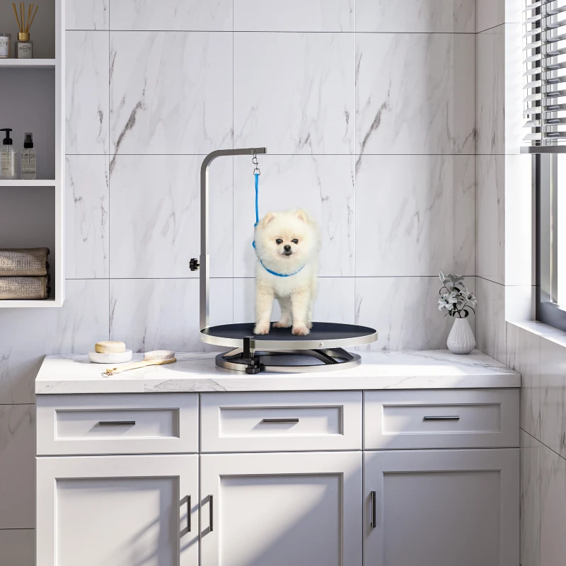 PawHut Round Pet Grooming Table Rotatable Dog Drying Table Adjustable Arm Stainless Steel Frame Safety Leash Φ55 cm Black