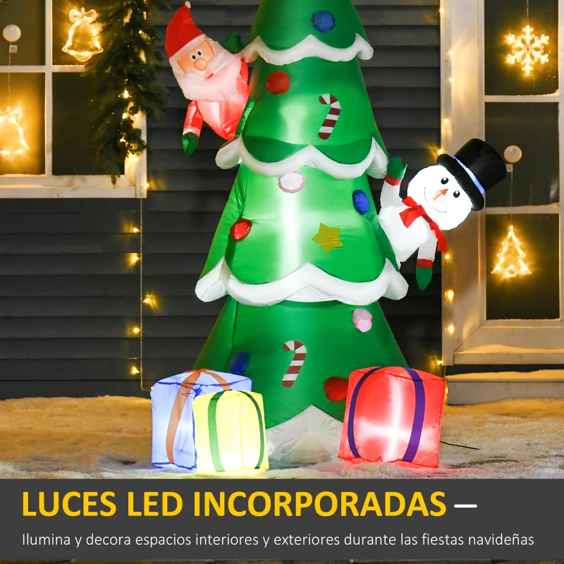 HOMCOM Árbol de Navidad Inflable 180 cm con Luces LED Adornos de Papá Noel Muñeco de Nieve y Regalos con Inflador para Interiores y Exteriores 115x105x180 cm Verde