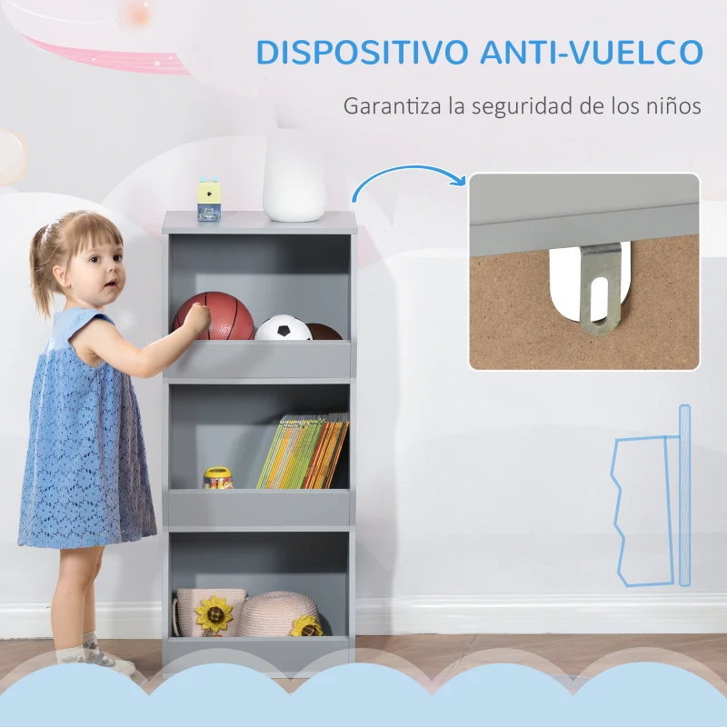 HOMCOM Estantería Infantil Librería de Madera para Niños con 3 Estantes Almacenamiento de Juguetes Libros para Habitación de los Niños Sala de Juegos 38x34,5x90 cm Gris