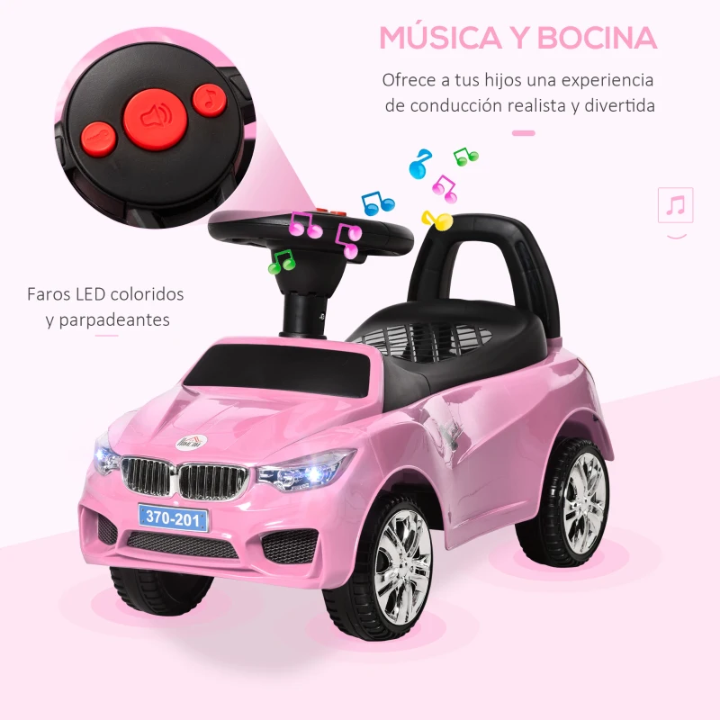 HOMCOM Coche Correpasillos para Niños de 18-36 Meses con Faros Música Bocina Volante Espacio de Almacenaje y Asa Rosa
