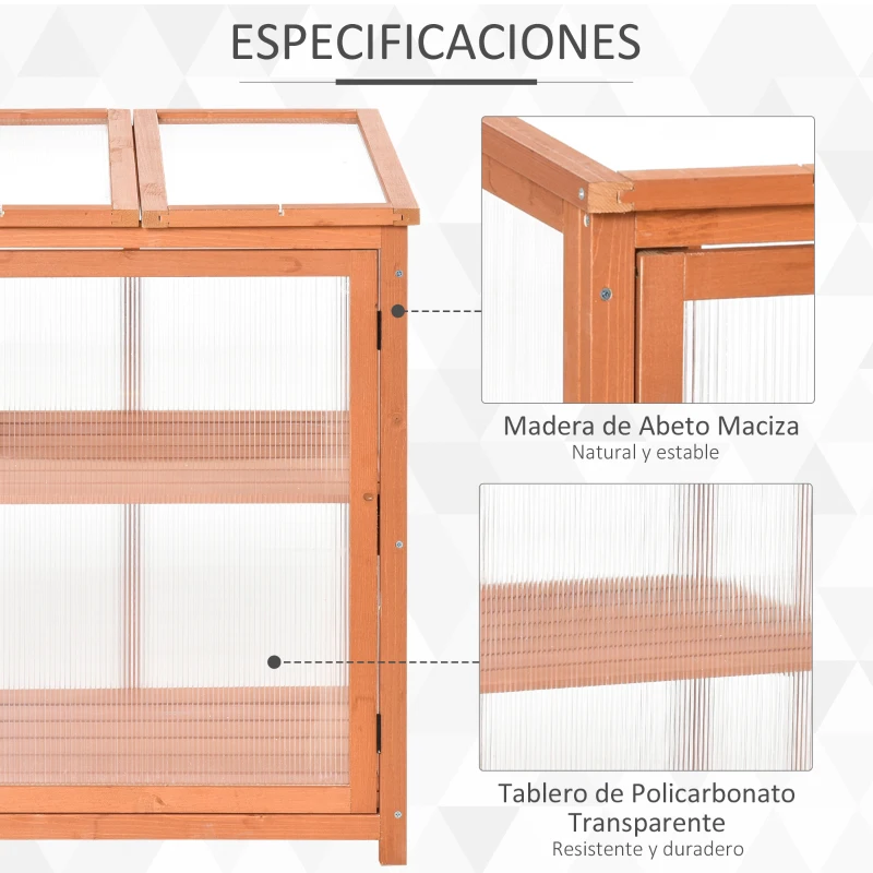 Outsunny Mini Invernadero de Jardín Invernadero de Madera y Paneles de Policarbonato Vivero Casero con 2 Estantes Tapas y Puerta para Plantas Huerto Jardinería 62x63x82 cm Madera Natural
