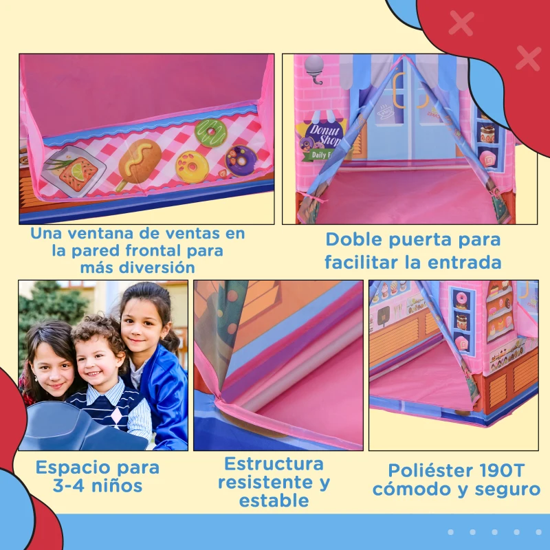 HOMCOM Tienda de Campaña para Niños Casita Infantil Tipi Infantil Tipo Pastelería Regalo para Niños de 3 Años 93x69x103 cm Rosa