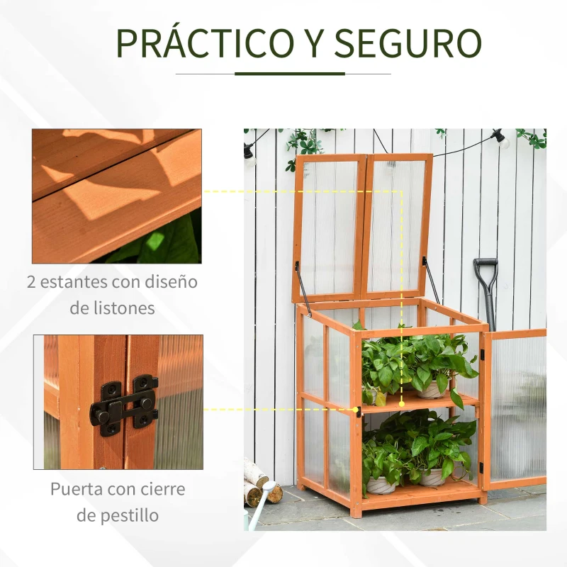Outsunny Mini Invernadero de Jardín Invernadero de Madera y Paneles de Policarbonato Vivero Casero con 2 Estantes Tapas y Puerta para Plantas Huerto Jardinería 62x63x82 cm Madera Natural