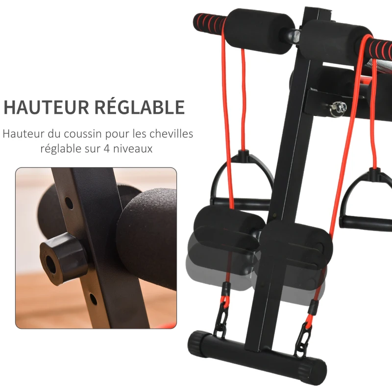 HOMCOM Banc de musculation pliable multifonction appareil fitness sit-up abdo hauteur réglable amortisseurs + sangles élastiques acier revêtement synthétique 137 x 72 x 62 cm rouge noir