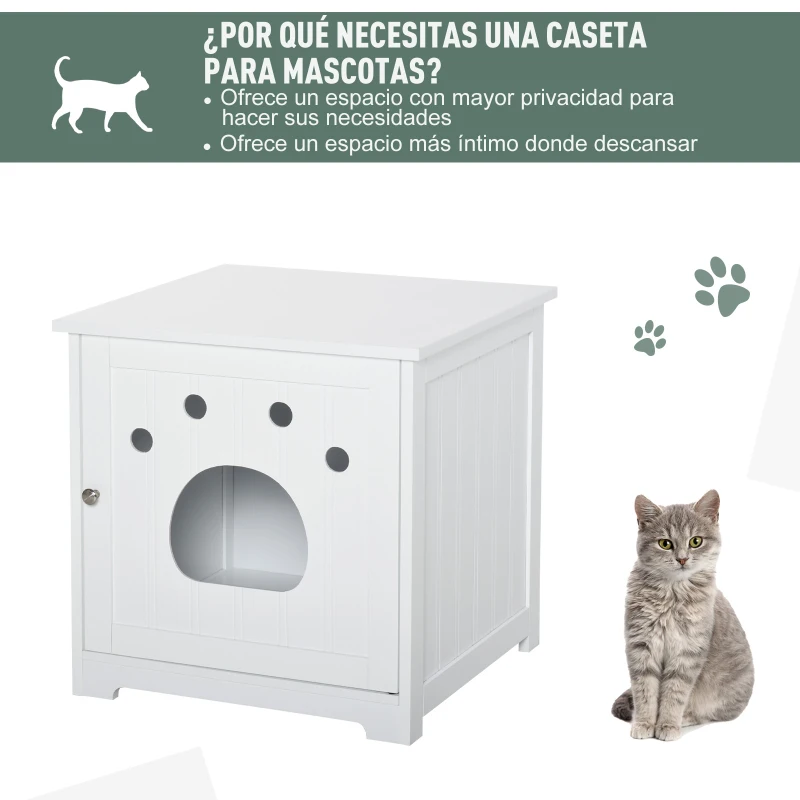 PawHut Casa para Gatos de Madera Mueble Arenero Gatos con Puerta y Entrada en Forma de Garra Cueva de Gatos para Descanso 48x51x51 cm Blanco
