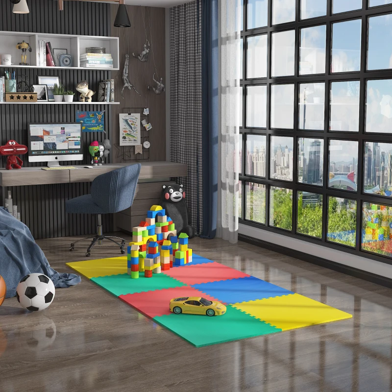 HOMCOM Alfombra Puzzle para Niños 8 Piezas Alfombrillas de Juego Espuma EVA con Área de Cobertura 2,88 m² No Tóxica 60x60x1,2 cm Multicolor