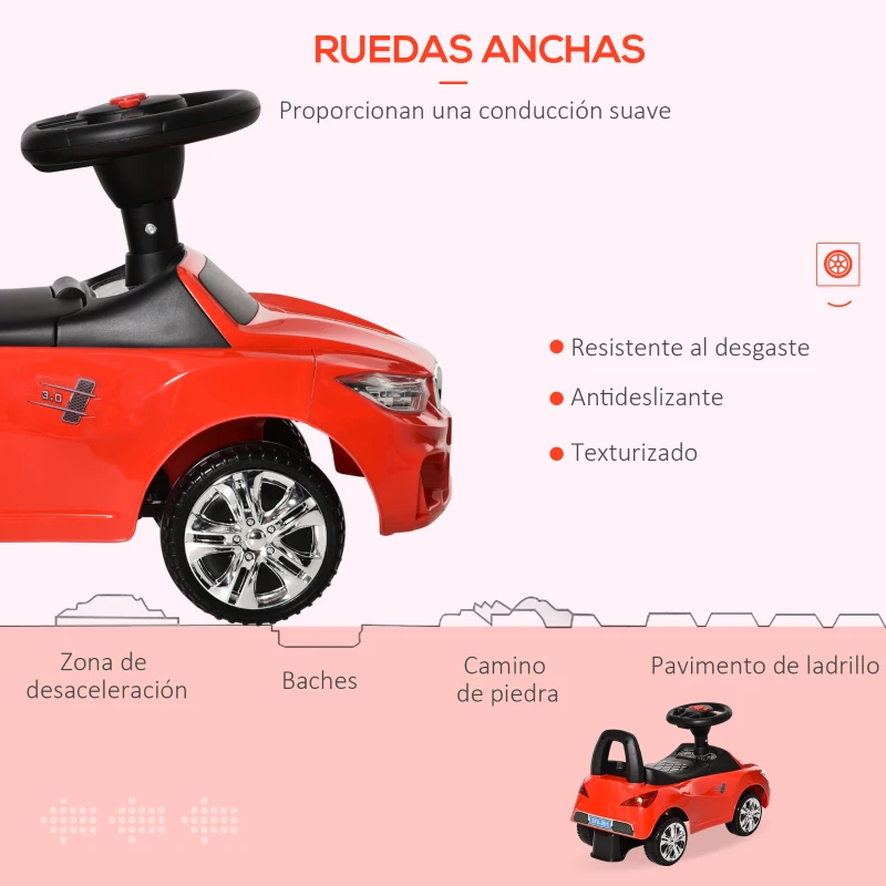 HOMCOM Coche Correpasillos para Niños de 18-36 Meses con Faros Música Bocina Volante Espacio de Almacenaje y Asa Rojo