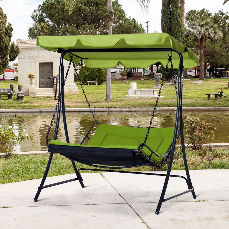 Outsunny 2 Seater Garden Swing Seat Bed, Sun Lounger with Adjustable Canopy, Cushioned Seat and Weather Resistant Steel Frame for Patio, Yard, Green