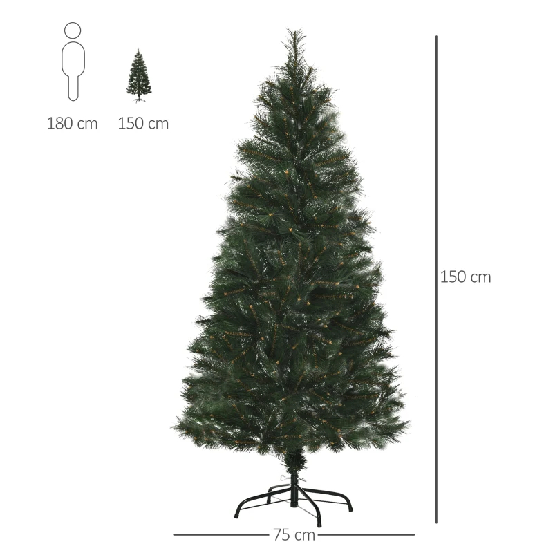 HOMCOM Árbol de Navidad 150 cm Artificial con 219 Agujas de Pino de PVC Ignífugo Base Plegable y Soporte de Acero Montaje Rápido Decoración Navideña para Interiores Verde