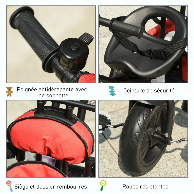 HOMCOM Tricycle Enfant évolutif Pare-Soleil Pliable Canne télescopique Amovible 92 x 51 x 110 cm Acier Rouge Noir