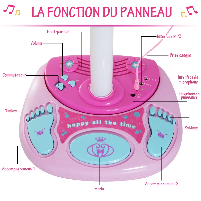 HOMCOM Micro sur Pied Micro karaoké Enfant Hauteur réglable 90-110 cm Interface MP3 Prise Casque Effets sonores Rose