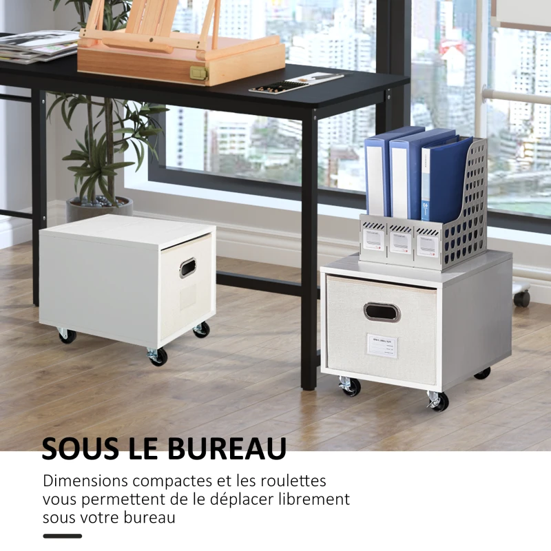 Vinsetto Caisson de bureau rangement bureau sur roulettes tiroir lin beige avec porte-étiquette panneaux particules blanc