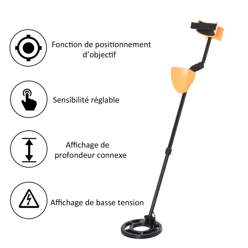 Outsunny Détecteur de métaux électrique haute sensibilité écran LCD chasse aux trésors poignée ergonomique tige télescopique noir jaune