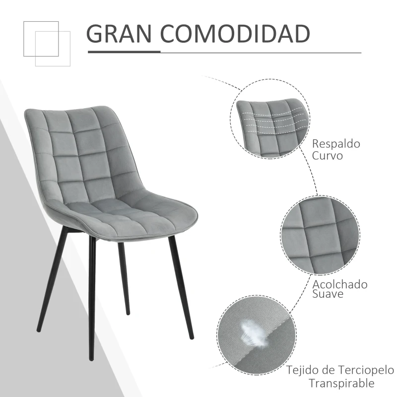 HOMCOM Conjunto de 2 Sillas de Comedor Tapizadas en Terciopelo Acolchadas con Patas de Metal de Estilo Nórdico y Vintage 46x58,5x85,5 cm Gris