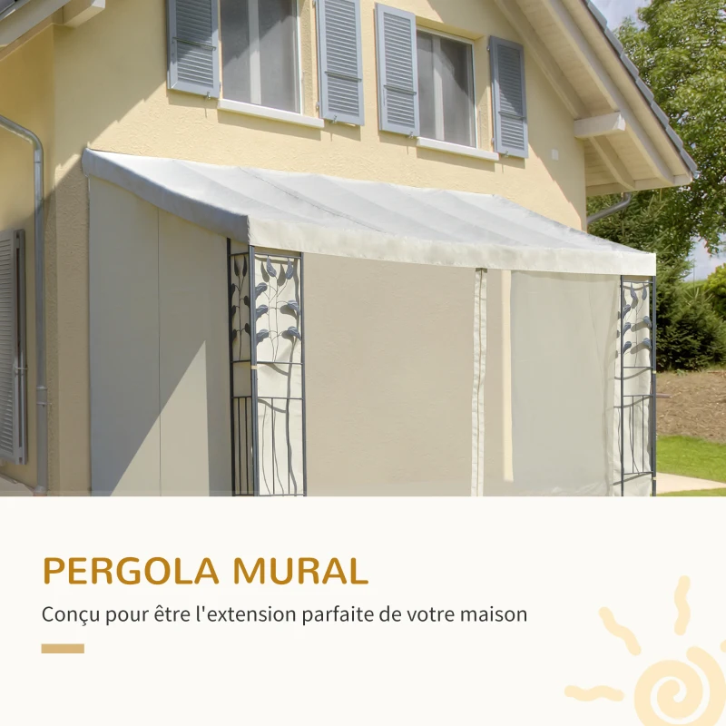 Outsunny Pergola adossable dim. 4L x 3l x 2,7H m pavillon de jardin toile polyester haute densité moustiquaires crème structure métal époxy gris