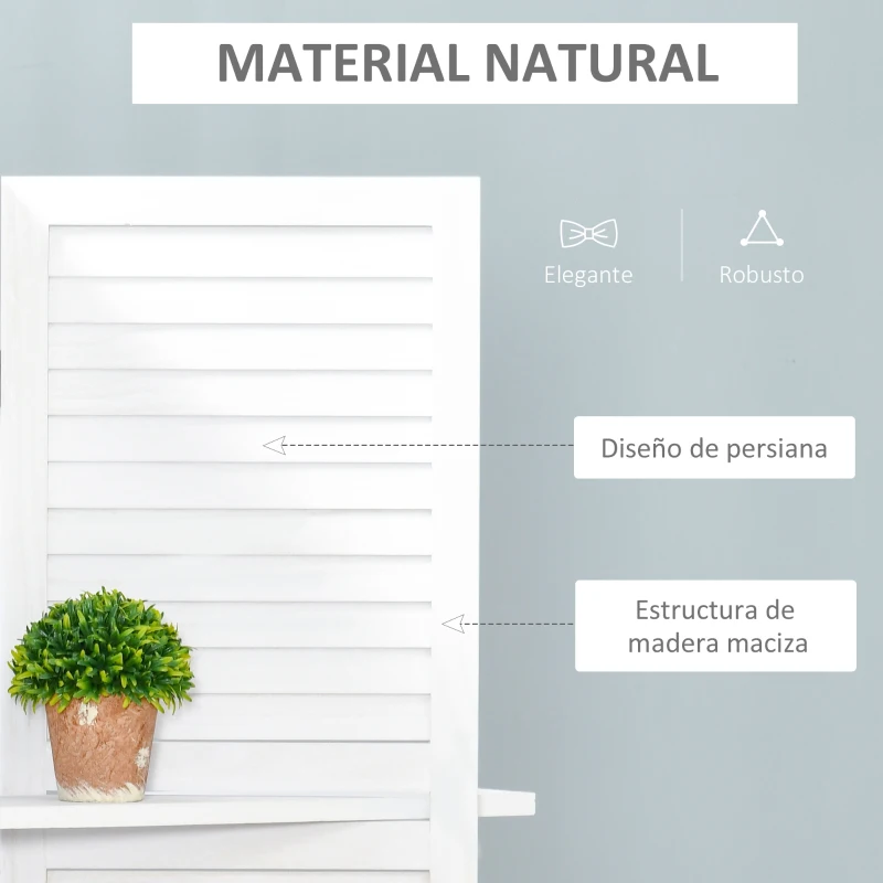 HOMCOM Biombo Separador de Madera de 4 Paneles Divisor de Habitaciones Plegable con 3 Estantes Extraíbles Diseño Persiana para Dormitorio Oficina 160x170 cm Blanco