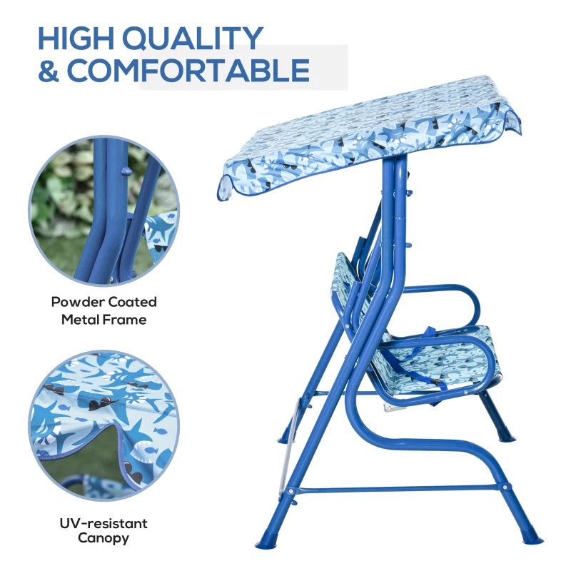 Outsunny 2 Seater Kids Swing Chair Double Garden Swing Seat w/ Belt Adjustable Canopy Fun Toddler Glider Hammock Lounge Backyard Blue