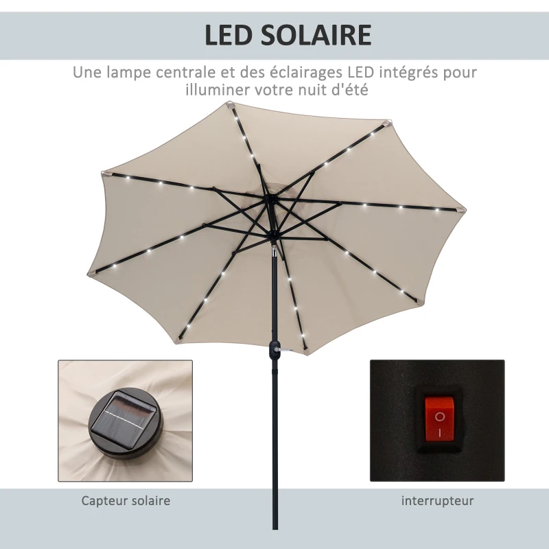 Outsunny Parasol de jardin Parasol droit Parasol octogonal inclinable Ø 2,7 x 2,4 m lumineux solaire 24 LED polyester haute densité 180 g/m² crème