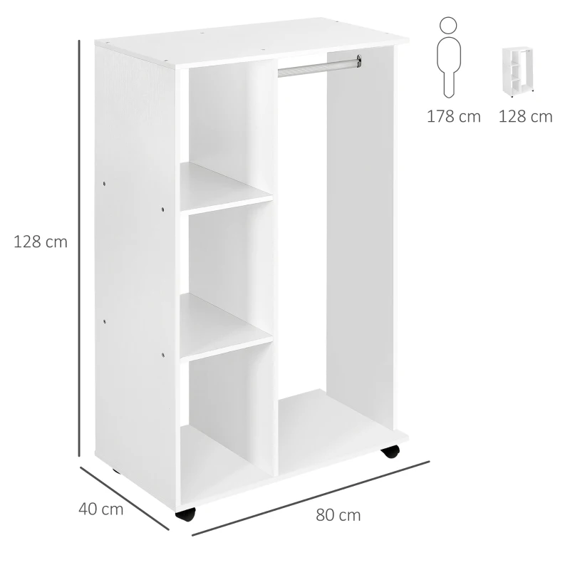 HOMCOM Portant à vêtements penderie Mobile avec roulettes 3 étagères latérales + Grand Espace penderie Panneaux Particules Blanc