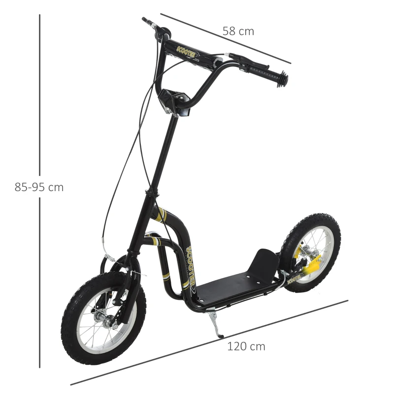 HOMCOM Trottinette enfants, grandes roues pneumatiques 12 pouce en caoutchouc, charge 100 kg, trottinette tout terrain avec double freins, hauteur réglable et béquille latérale, 5 à 12 ans, noir(m-3)