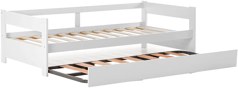 HOMCOM Lit gigogne Enfant 90 x 190 cm - Structure lit avec lit tiroir - sommiers à Lattes Inclus - Acier pin Massif MDF Classe E1 Blanc