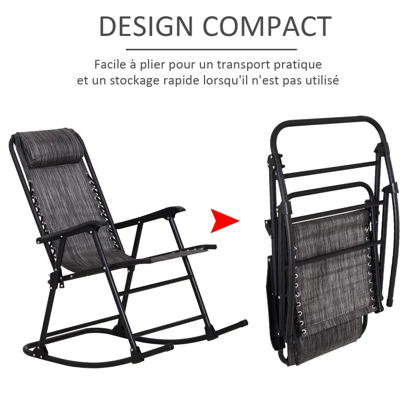 Outsunny Fauteuil à Bascule Rocking Chair Pliable de Jardin dim. 94L x 64l x 110H cm Acier époxy textilène Gris chiné