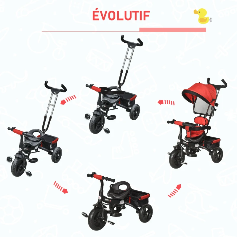 HOMCOM Tricycle Enfant évolutif Pare-Soleil Pliable Canne télescopique Amovible 92 x 51 x 110 cm Acier Rouge Noir