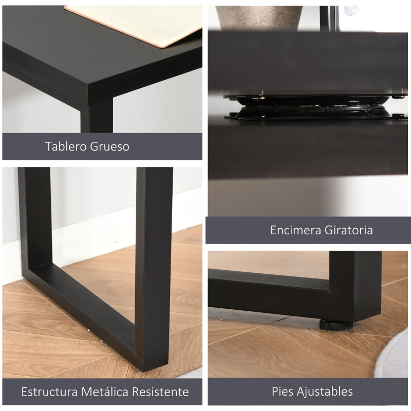HOMCOM Mesa Escritorio en L Mesa para Oficina Giratoria 360 Grados Múltiples Formas con Estante en S de 2 Niveles Gran Espacio de Almacenaje 220x55x76 cm Negro