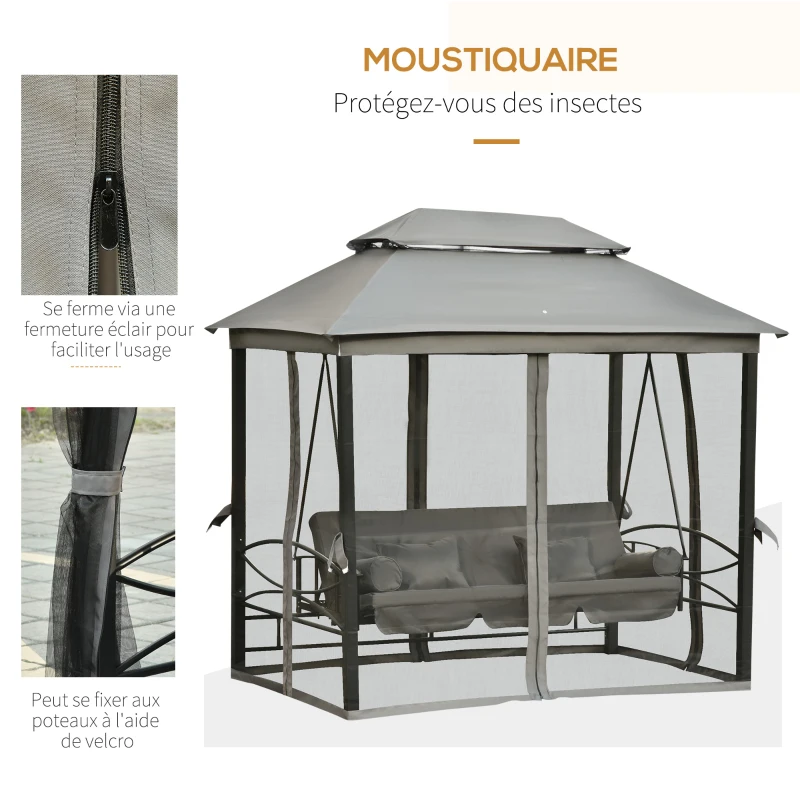 Outsunny Balancelle de jardin 3 places convertible style colonial 5 coussins + matelas + moustiquaires inclus 2,56 x 1,72 x 2,48 m gris foncé