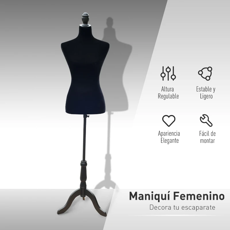 HOMCOM Maniquí de Costura Ajustable a 130-168 cm con Trípode de Madera para Fotografía de Moda Exposición de Prendas Negro