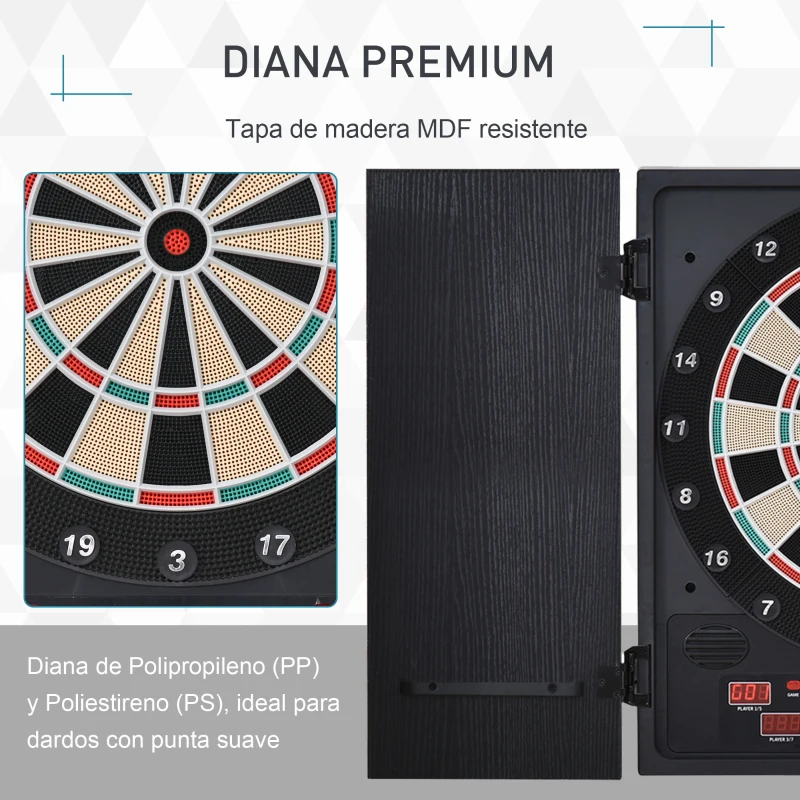 HOMCOM Diana Electrónica Digital hasta 8 Jugadores con 12 Dardos y 30 Puntas con Pantalla LED Puertas 27 Juegos Distintos y 202 Variantes 51x6,5x57 cm Negro