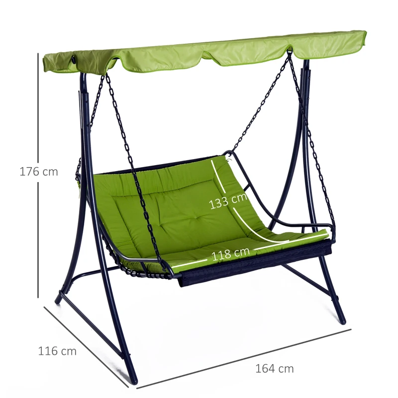Outsunny 2 Seater Garden Swing Seat Bed, Sun Lounger with Adjustable Canopy, Cushioned Seat and Weather Resistant Steel Frame for Patio, Yard, Green