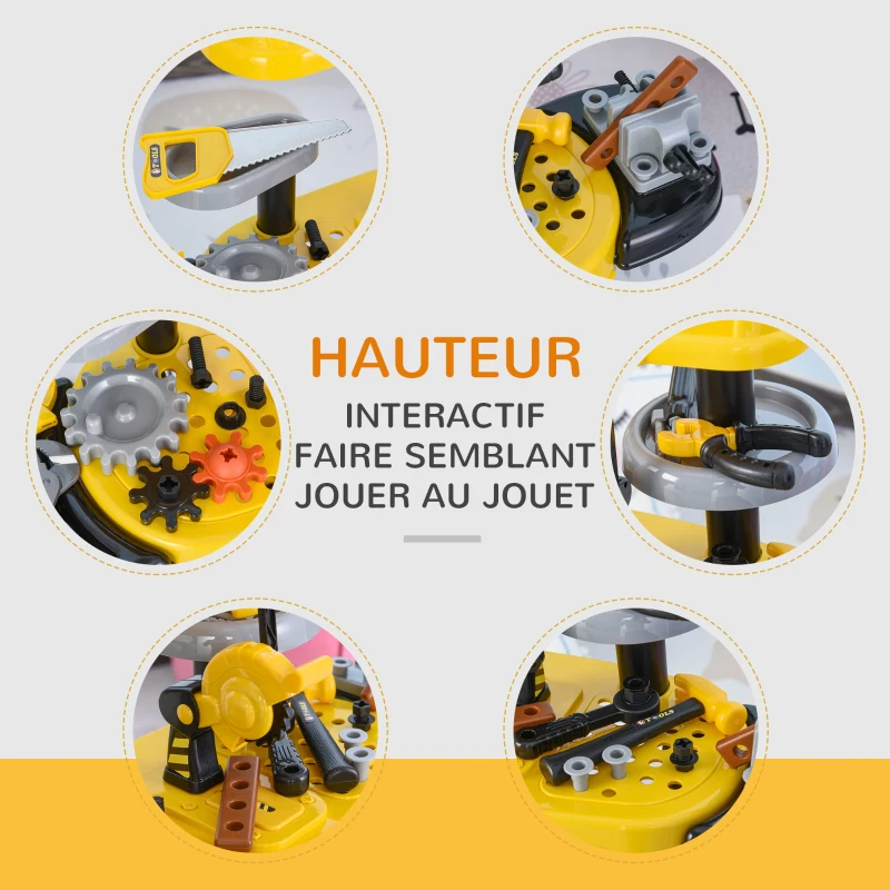 HOMCOM Etabli et Outils pour Enfants Jeu d'imitation 64 Accessoires Inclus Jaune et Gris