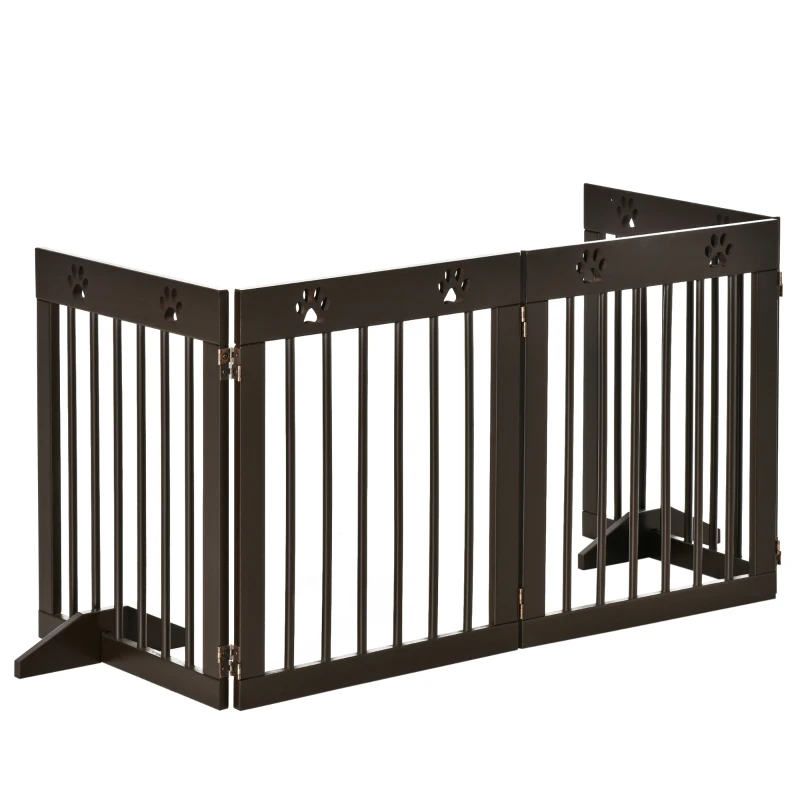 PawHut Freestanding Pet Gate 4 Panel Wooden Dog Barrier Folding Safety Fence with Support Feet up to 204cm Long 61cm Tall for Doorway Stairs Brown
