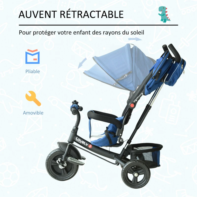 HOMCOM Tricycle Enfants évolutif Canne et Pare-Soleil Pliable Amovible Sacoche et Panier 102 x 49l x 102 cm Acier Bleu