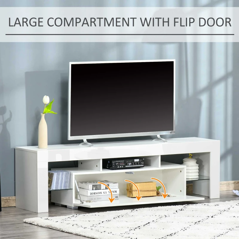 HOMCOM High Gloss TV Stand Cabinet with LED RGB Lights and Remote Control for TVs up to 65", Media TV Console Table with Storage Compartment, White