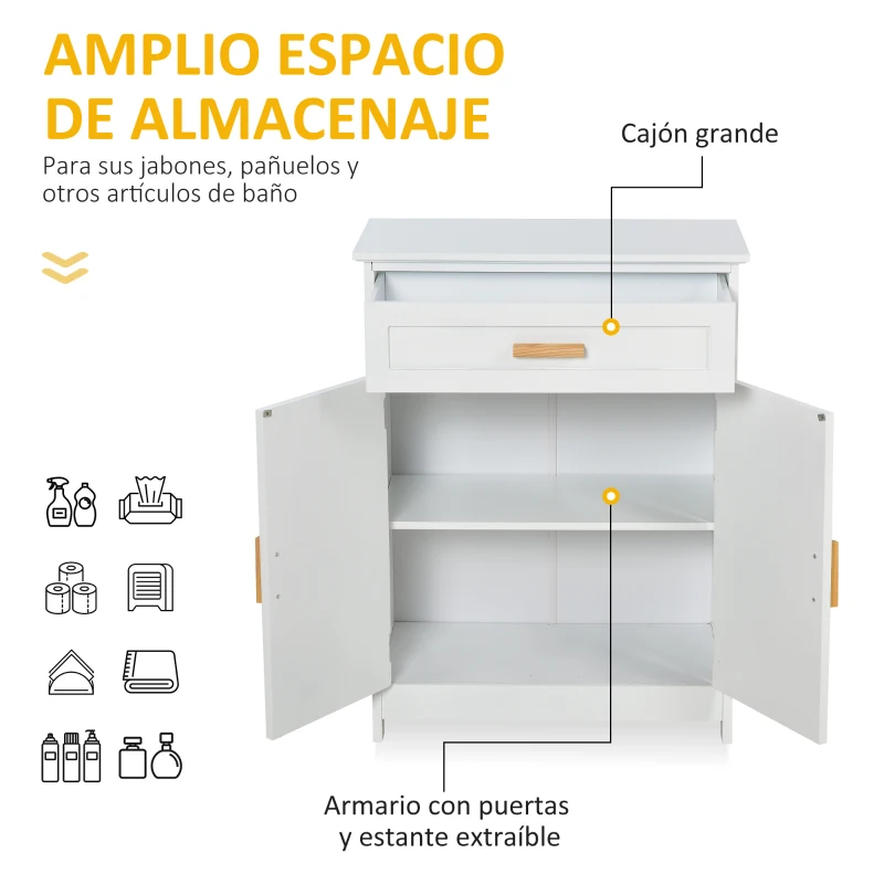 kleankin Armario Auxiliar para Baño Mueble Organizador Multifuncional con Cajón Estante Ajustable Interno 2 Puertas de Persianas Estilo Elegante 59x29x80 cm Blanco