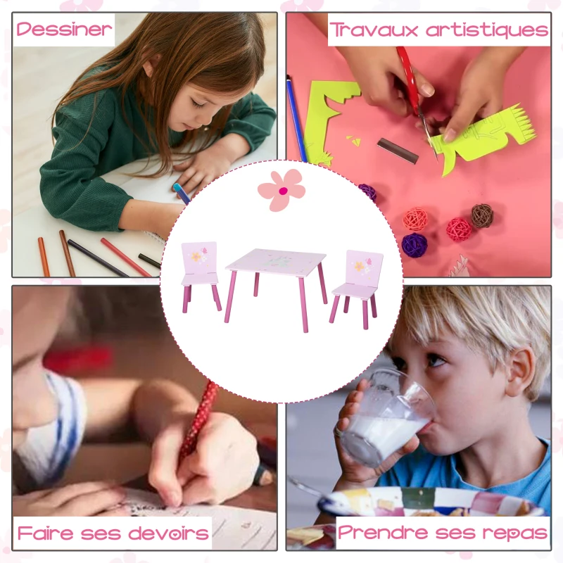 HOMCOM Ensemble Table et 2 Chaises Enfant Bureau pour Enfant Table de Jeu Design Princesse Motif château Bois pin MDF Rose
