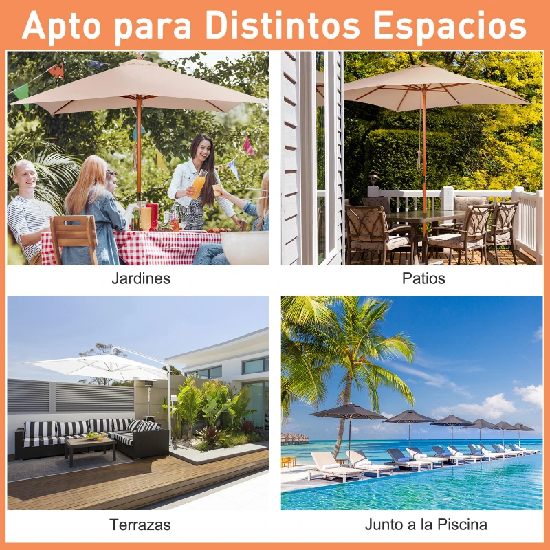 Outsunny Parasol para Jardín Patio Sombrilla Cuadrada de Ángulo Ajustable Ventilación Diseño Moderno con 8 Varillas de Bambú Madera Tela Poliéster 3x3m Beige