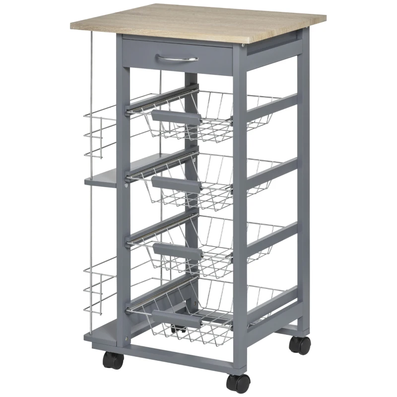 HOMCOM Rolling Kitchen Cart, Utility Storage Cart with 4 Basket Drawers & Side Racks, Wheels for Dining Room, Grey