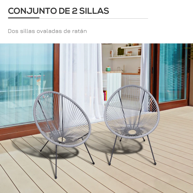 Outsunny Conjunto de 2 Sillas de Jardín de Ratán Pack 2 Sillas Acapulco Forma Ovalada Interior Exterior 73x77x87 cm Gris