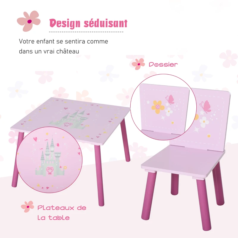 HOMCOM Ensemble Table et 2 Chaises Enfant Bureau pour Enfant Table de Jeu Design Princesse Motif château Bois pin MDF Rose