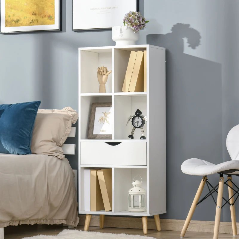 HOMCOM Estantería para Libros con 1 Cajón y Patas de Madera 6 Compartimentos Abiertos de Almacenaje 50x29,5x120 cm Blanco