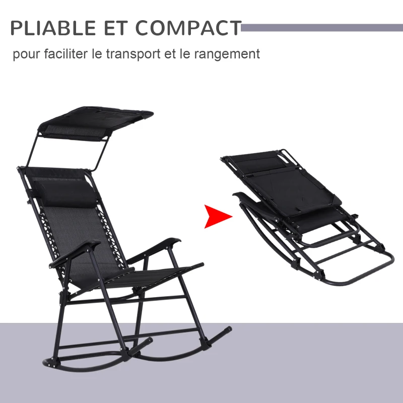 Outsunny Fauteuil à Bascule Rocking Chair Pliable de Jardin dim. 105L x 64l x 125H cm tétière + Pare-Soleil Inclus Acier époxy textilène Noir